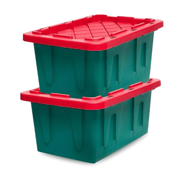 2-Pack , Heavy Duty Plastic Storage Bins with Lids, 15 Gallon, Green/Red