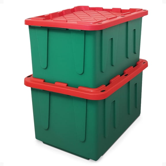 2-Pack Durabilt, Heavy Duty Plastic Storage Bins with Lids, 27 Gallon, Green/Red - Stackable Container Boxes for Holiday, Attic, and Garage Organization