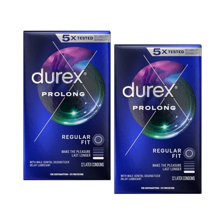 2 Pack Durex Prolong Ultra Fine Ribbed and Dotted Latex Condoms, 12 Each