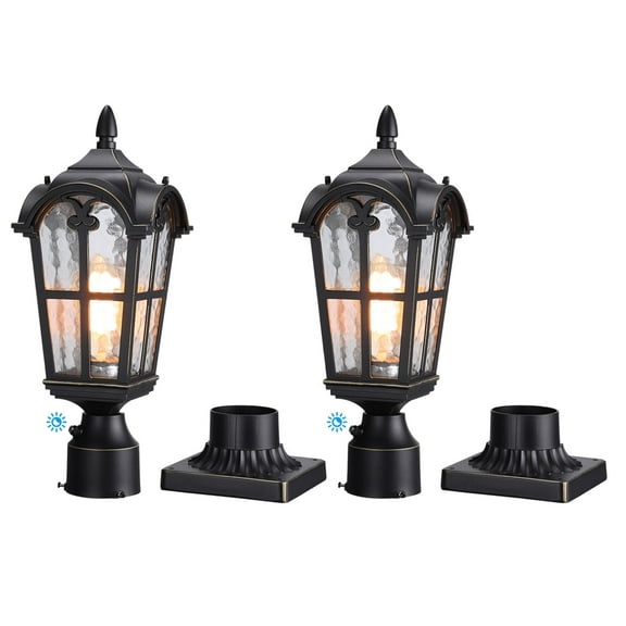 17" Outdoor Post Lights 2 Pack Dusk to Dawn Exterior Post Lantern Fixture with 5.7" Pier Mount Base Black Aluminum Exterior Porch Fixtures for Patio Entryway