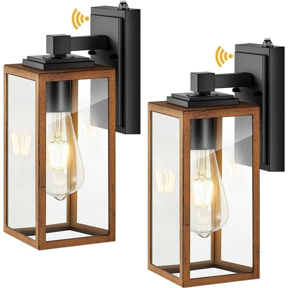 VIANIS 2 Packs Garage Light Outdoor, Dusk to Dawn Outside Wall Lights Fixture for House, Wood Grain Coach Lantern with Toughened Glass, Farmhouse Sconce Wall Mount for Entryway, Hallway, Garage