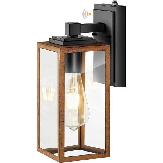 VIANIS Dusk to Dawn Wall Lights, Wood Grain Exterior Light Fixture, Black Anti-rust Aluminium Modern Outdoor Wall Lantern With Tempered Glass Shade For Garage