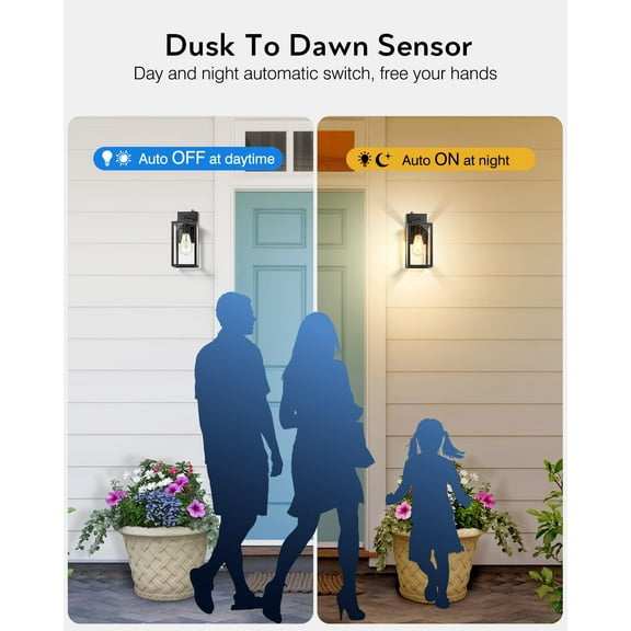 2 Pack Dusk to Sensor Outdoor Wall Lighting, Black Exterior Light Fixture Wall Mount for House, Anti-Rust Modern Outside Sconce Lantern with Tempered Seeded Glass for Front Porch, Garage