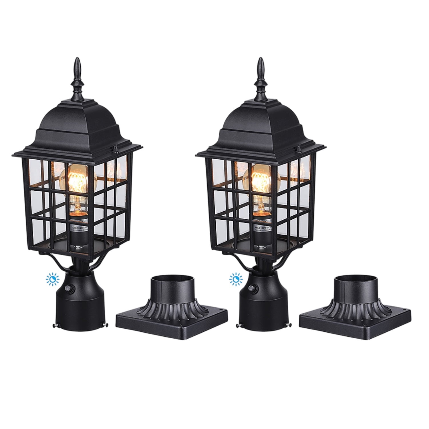 2-Pack Solar Post Light Fixture With 3 Pier Mount Bases – Dusk-to-Dawn, Waterproof, Warm White 3000K For Garden & Pathway