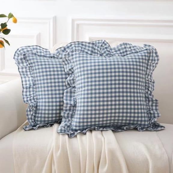 2 Pack Dust Blue White Plaid Gingham Ruffle Throw Pillow Covers, 100% Washed Cotton Decorative Buffalo Checkered Farmhouse Pillow Shams - 18''x18''