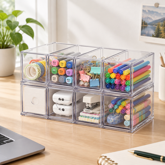 2 Pack Dustproof 8-Drawer Countertop Organizer for Pens, Markers, Makeup and Crafts