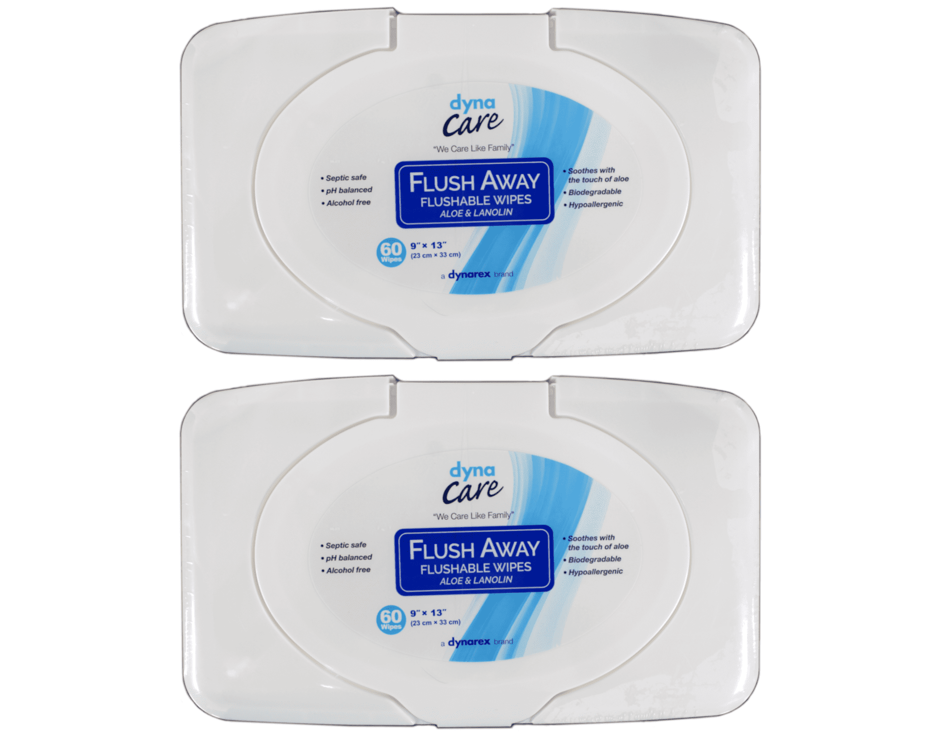 2 Pack Dynarex Flush Away Flushable Baby Wipes 9"x13" #1321 60 Wipes Each