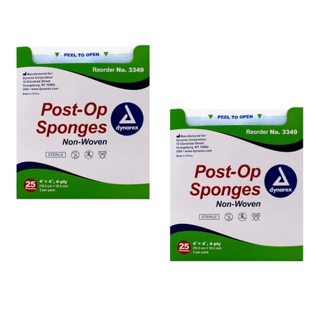 2 Pack Dynarex Gauze Post-Op Sponges Sterile 4" X 4", 4-Ply, Count: 25 x 2 Each