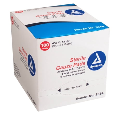 2 Pack Dynarex Sterile Gauze Pads 4"X4" 12-Ply Single #3354 100 Bandages Ea