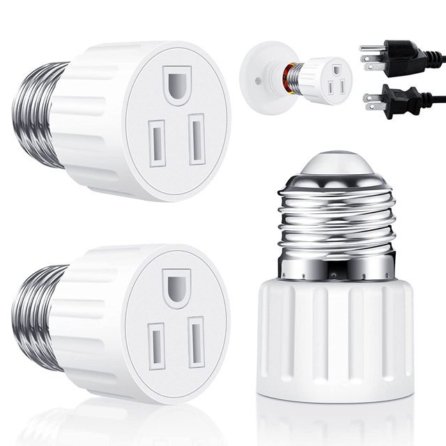 2 Pack E26/ E27 3 Prong Light Socket to Plug Adapter,Light Socket