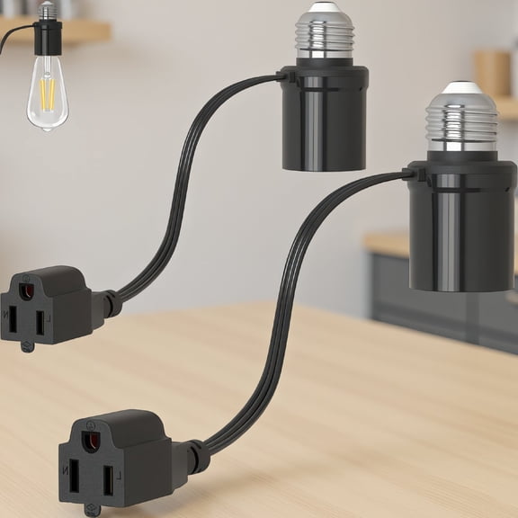 2-Pack E26/E27 Light Socket to Outlet Adapter, 3-in-1 Bulb Socket Converter with 7-Inch Extension Cord, 3-Prong