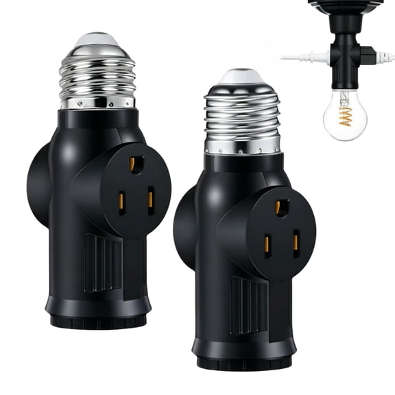 2 Pack E26 Light Socket to Plug Adapter, ODDPC Light Bulb Plug Adapter, Polarized Light Socket Adapter Splitter Converter for Garage Porch-Black
