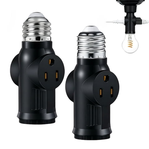 2 Pack E26 Light Socket to Plug Adapter, ODDPC Light Bulb Plug Adapter, Polarized Light Socket Adapter Splitter Converter for Garage Porch-Black