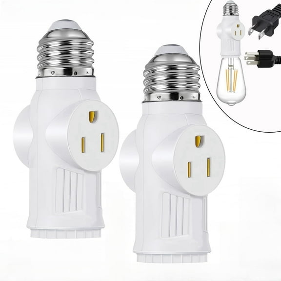 Light Plug Adapter,E26/E27 Heat Resistant Light Bulb Plug Adapter,With 2 AC Outlets and 1 E26 Socket, For Garage Porch Security Camera Home Offic-2 Pack