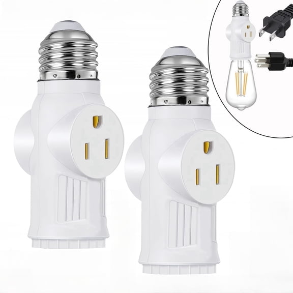 Light Plug Adapter,E26/E27 Heat Resistant Light Bulb Plug Adapter,With 2 AC Outlets and 1 E26 Socket, For Garage Porch Security Camera Home Offic-2 Pack