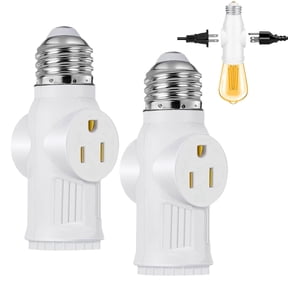 Light Plug Adapter,E26/E27 Heat Resistant Light Bulb Plug Adapter,With 2 AC Outlets and 1 E26 Socket, For Garage Porch Security Camera Home Offic-2 Pack