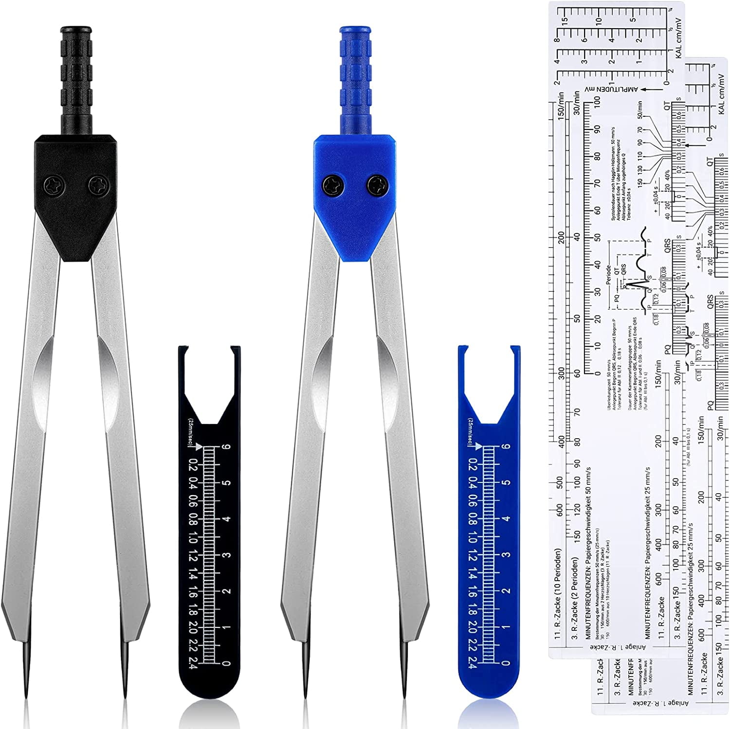 2 Pack EKG Calipers EKG Ruler Card Combination Set ECG Drafting Electrocardiographs Measuring Tool for Doctors, Nurses, Medical Student(Black and Blue)