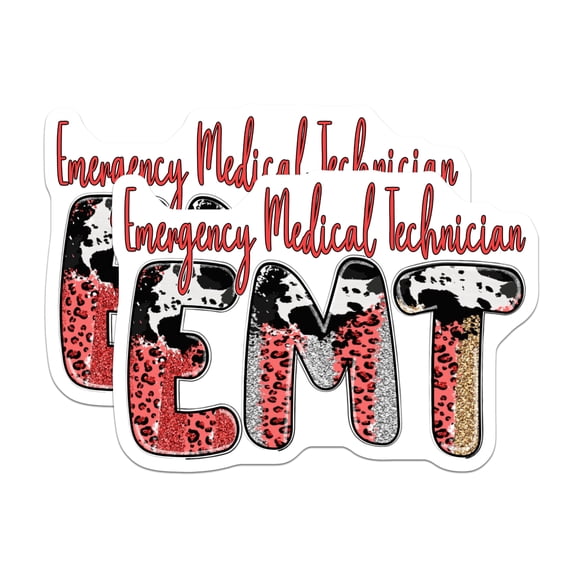 (2 Pack) EMT Stickers - Emergency Medical Technician - Leopard Cow Print Sticker - 5" On Longest Side - Sticks to Smooth Flat Surfaces - Made in USA - BMCS17274
