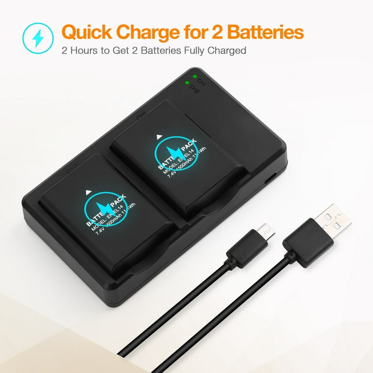 2-Pack EN-EL14 EN-EL14a Li-Ion Battery with Dual LCD Charger for