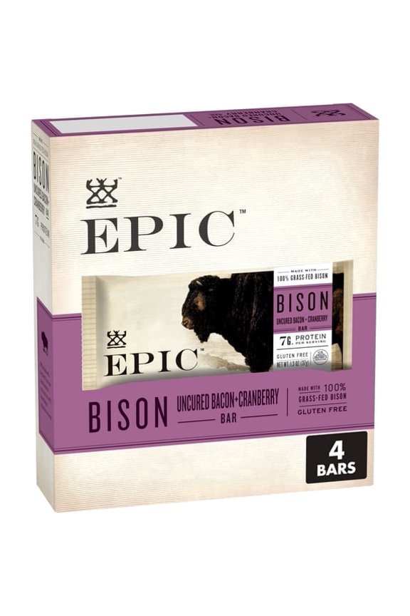 2 Pack - EPIC Bison Bacon Cranberry Bars, Paleo Friendly, Gluten Free, 4 ct, 1.3 oz Bars