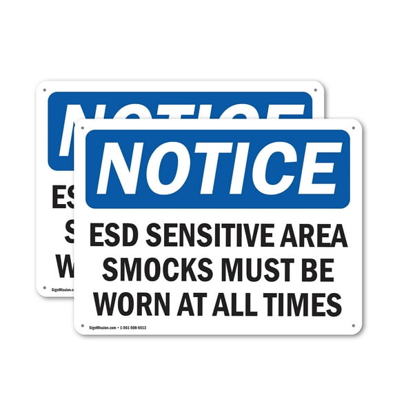 (2 Pack) ESD Sensitive Area Smocks Must Be Worn At OSHA Notice Sign 24 Inch X 18 Inch Plastic Sign, Weather Resistant, UV Protected for Workplace, Business, and Construction Site, Made