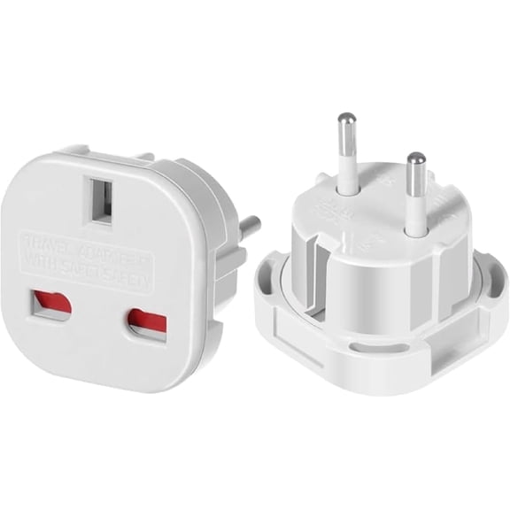 (2 Pack) EU to UK Power Adaptor with Safety Shutter,UK 3-Pin Female Socket to Euro EU4.0 Male Plug Adapter with Safety Shutter (White 2-Pack)