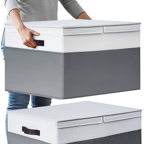 2 Pack EXTRA LARGE Blanket Storage Baskets with Lids, 22”x16”x12” Closet Organizers Bins for Clothes Towel/ Storage Box with Lid Handles/ Stackable Decorative Fabric Bins for Living Room, Nursery