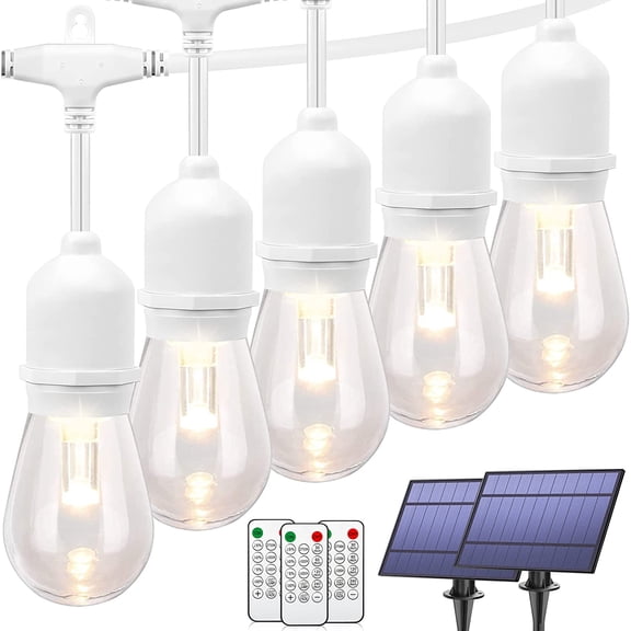 2 Pack Each 48FT 3-Color in 1 Solar String Lights Outdoor, Dimmable Patio Lights with Remote, 30+5 Waterproof LED Bulbs for Cafe Bistro Yard