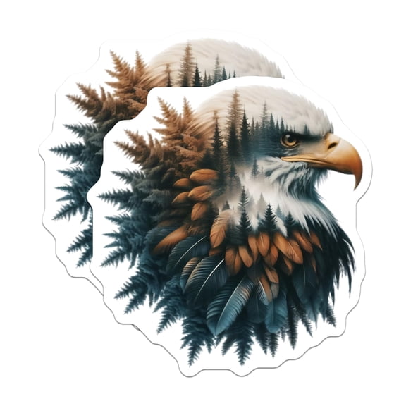 (2 Pack) Eagle Head Stickers - Forest Double Exposure - Bird of Prey Stickers - 5" On Longest Side - Sticks to Smooth Flat Surfaces - Made in USA - BMCS14446