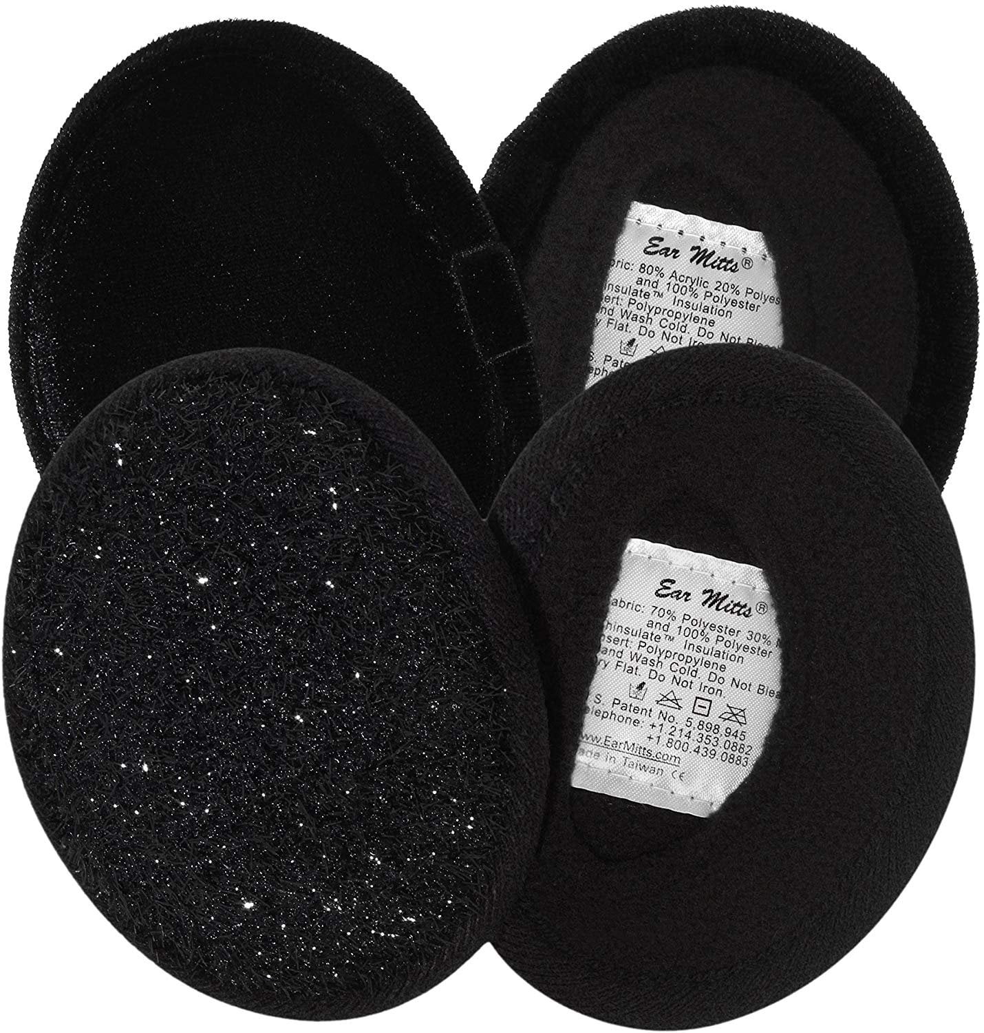 2 Pack Ear Mitts Bandless Ear Muffs For Women, Black Velvet & Sparkle