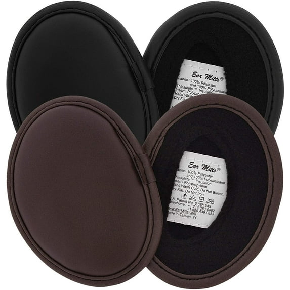 2 Pack Ear Mitts Faux Leather Bandless Winter Ear Muffs, Black & Brown, Regular