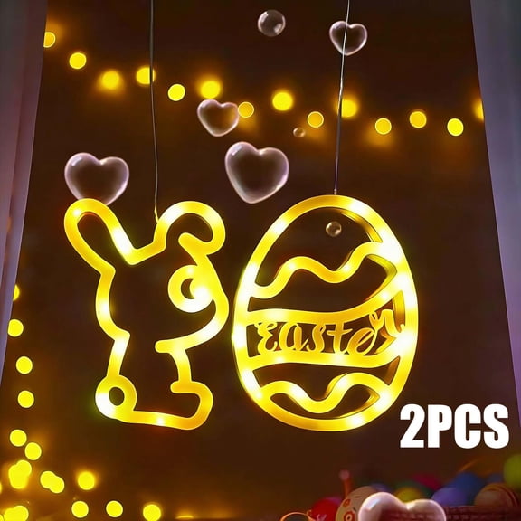 2 Pack Easter Bunny & Eggs Lights Window Decorations,Yellow Easter Eggs Window Lights with Suction Cup,Easter Hanging LED Lamps,Bunny String Lights for Home Indoor Easter Holiday Hanging Decor