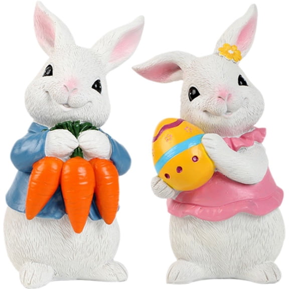2 Pack Easter Bunny Figurine Decor, Standing Spring Resin Rabbit Couple Statue Tabletop Ornament, Festival Present for Garden Home Table Office Dining Room Mantle Party
