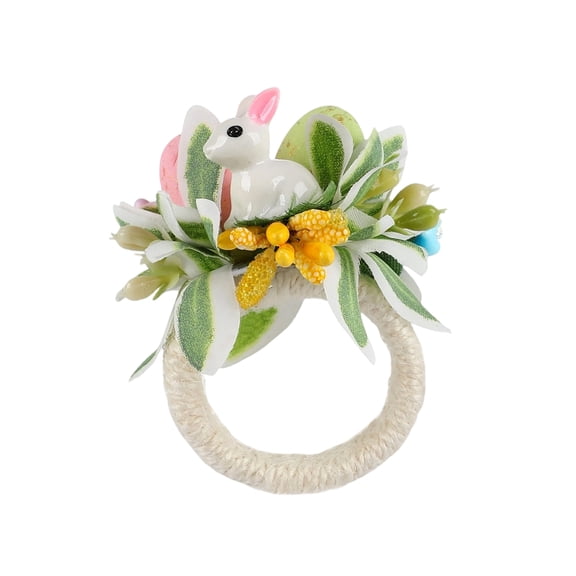 2 Pack Easter Bunny Napkin Rings 2.56 Inch, Cute Rabbit with Daisy Flowers & Pom Pom or Eggs, Spring Floral Farmhouse Table Decor for Home Party Holiday Dining Accents