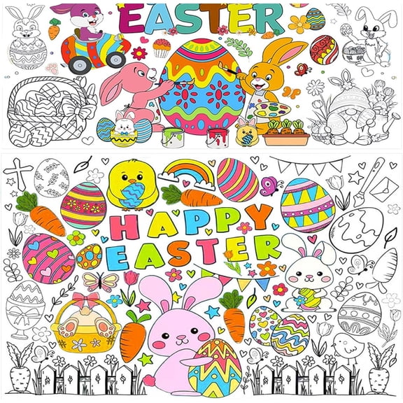 2 Pack Easter Coloring Tablecloth for Kids,Easter Crafts for Kids Giant Coloring Poster for Activities Games Gifts Party Favors Decorations Classroom Supplies(Bunny Egg)