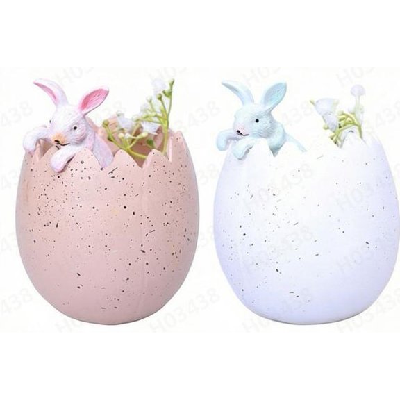 2 Pack Easter Cracked Egg Planters with Bunny - Resin Succulent Pots for Table Centerpiece & Easter Decoration