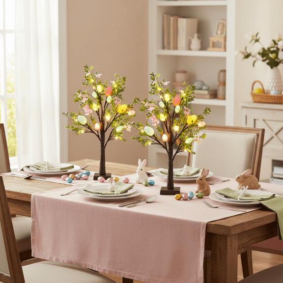 2-Pack Easter Decorative Trees, 2Ft Desktop Easter Egg Tree With Lights, Artificial Flower & Egg Ornaments, Spring Decoration For Home Office Tabletop