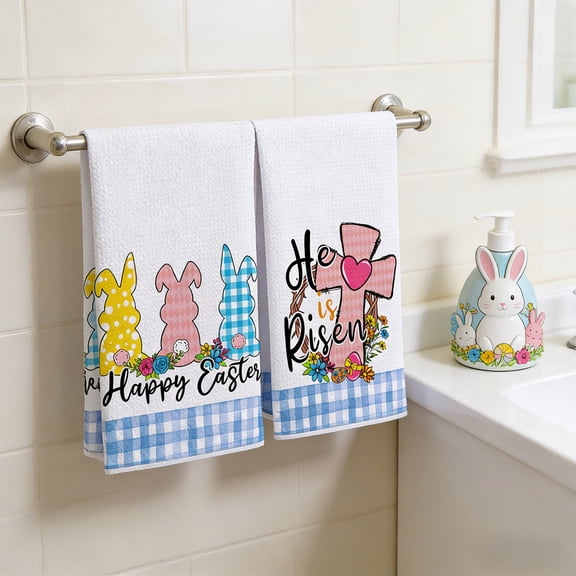 2-Pack Easter Kitchen Towels, Easter Towels Set of 2, Happy Easter Dish Hand Tea Towels for Cleaning & Decoration, Rabbit Basket