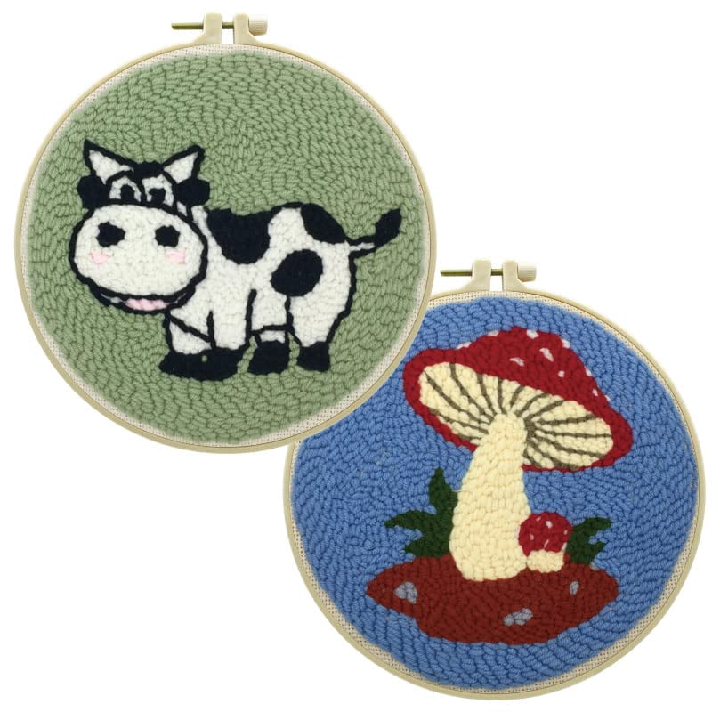 2 Pack Easy DIY Punch Needle Kits Embroidery Kits Set for Starter Kits with Stamped Color Pattern with Instruction,Yarn and Embroidery Wooden Handle Needle Pen (Diary Cattle & Mushroom)