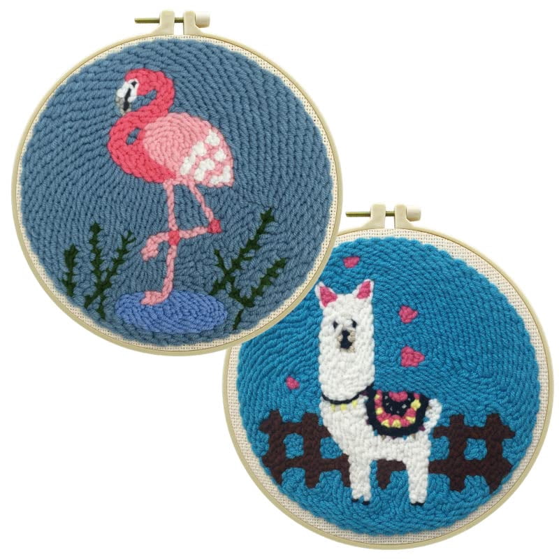 2 Pack Easy DIY Punch Needle Kits Embroidery Kits Set for Starter Kits with Stamped Color Pattern with Instruction,Yarn and Embroidery Wooden Handle Needle Pen (Flamingo & Alpaca)