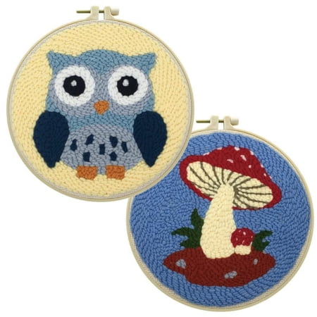 2 Pack Easy DIY Punch Needle Kits Embroidery Kits Set for Starter Kits with Stamped Color Pattern with Instruction,Yarn and Embroidery Wooden Handle Needle Pen (Owl & Mushroom)