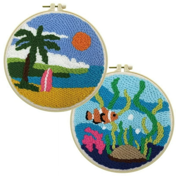 2 Pack Easy DIY Punch Needle Kits Embroidery Kits Set for Starter Kits with Stamped Color Pattern with Instruction,Yarn and Embroidery Wooden Handle Needle Pen (Sea Fish & Surfing Board)