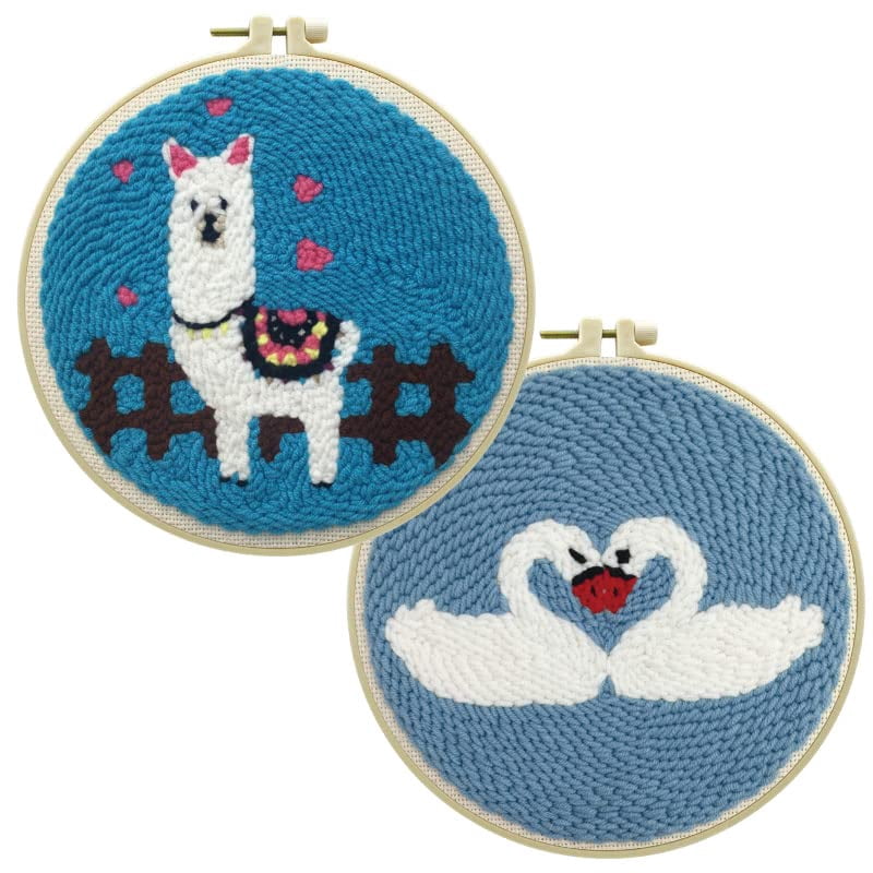 2 Pack Easy DIY Punch Needle Kits Embroidery Kits Set for Starter Kits with Stamped Color Pattern with Instruction,Yarn and Embroidery Wooden Handle Needle Pen (Alpaca & Goose)