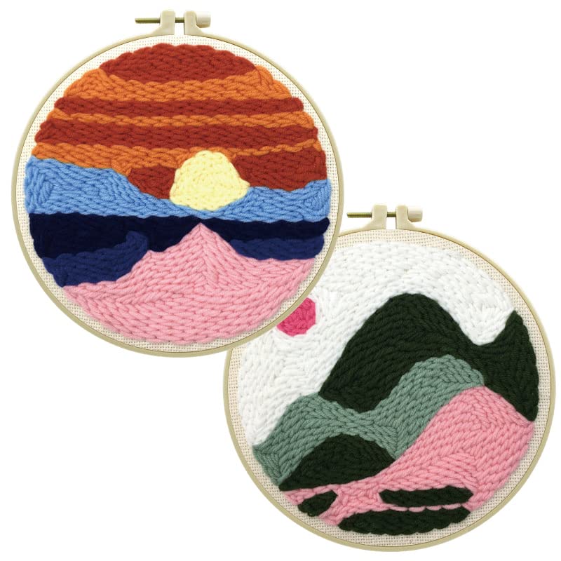 2 Pack Easy DIY Punch Needle Kits Embroidery Kits Set for Starter Kits with Stamped Color Pattern with Instruction,Yarn and Embroidery Wooden Handle Needle Pen (Sunrise and Mountains)