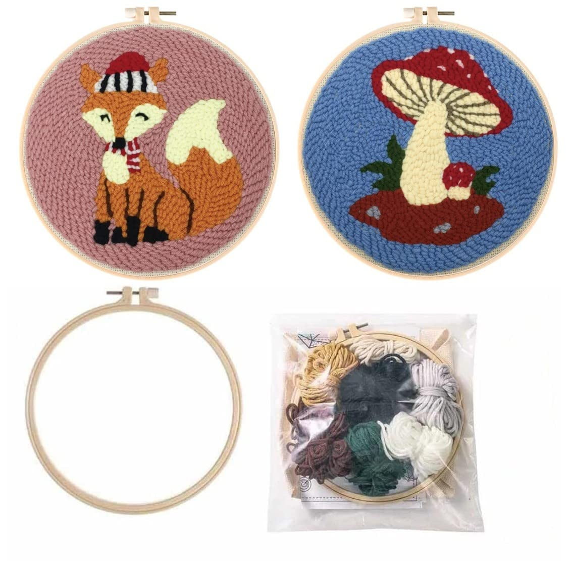 2 Pack Easy DIY Punch Needle Set Kits with Yarn Needle Wool for Starter Kits with Stamped Color Pattern with Instruction,Yarn and Embroidery Wooden Handle Needle Pen (Fox & Mushroom)