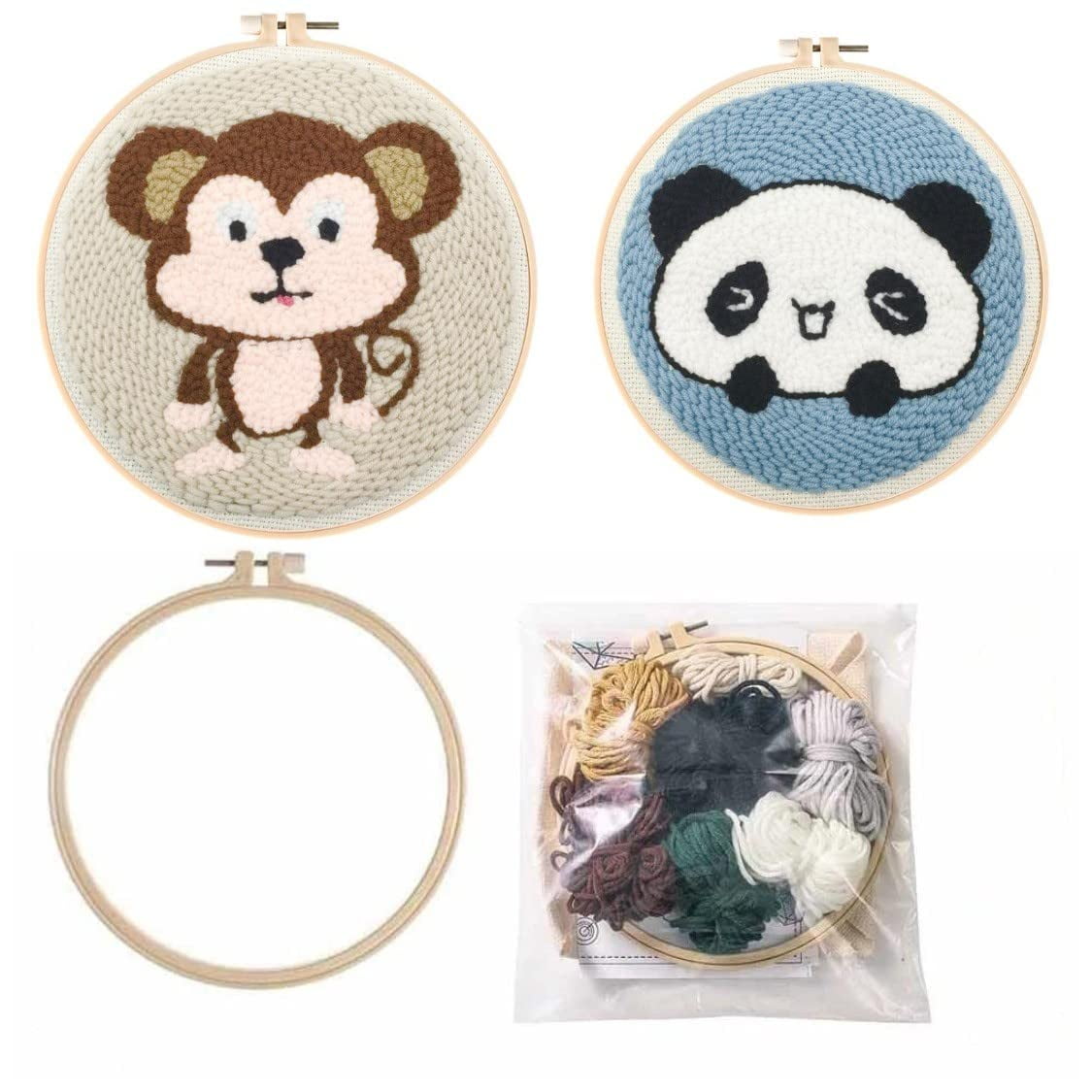 2 Pack Easy DIY Punch Needle Set Kits with Yarn Needle Wool for Starter Kits with Stamped Color Pattern with Instruction,Yarn and Embroidery Wooden Handle Needle Pen (Monkey & Panda)