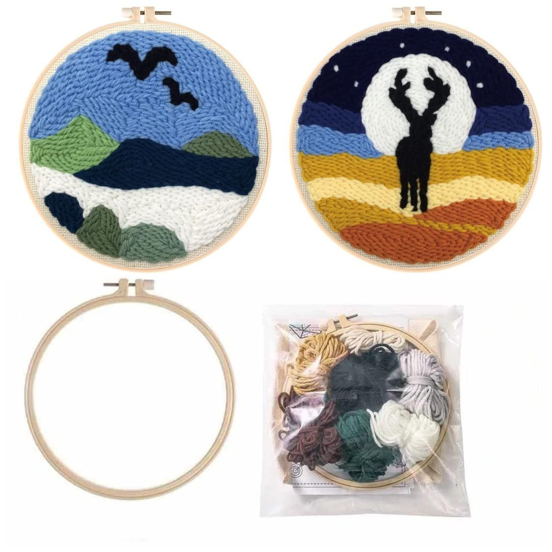 2 Pack Easy DIY Punch Needle Set Kits with Yarn Needle Wool for Starter Kits with Stamped Color Pattern with Instruction,Yarn and Embroidery Wooden Handle Needle Pen (Mountain Bird & Deer)