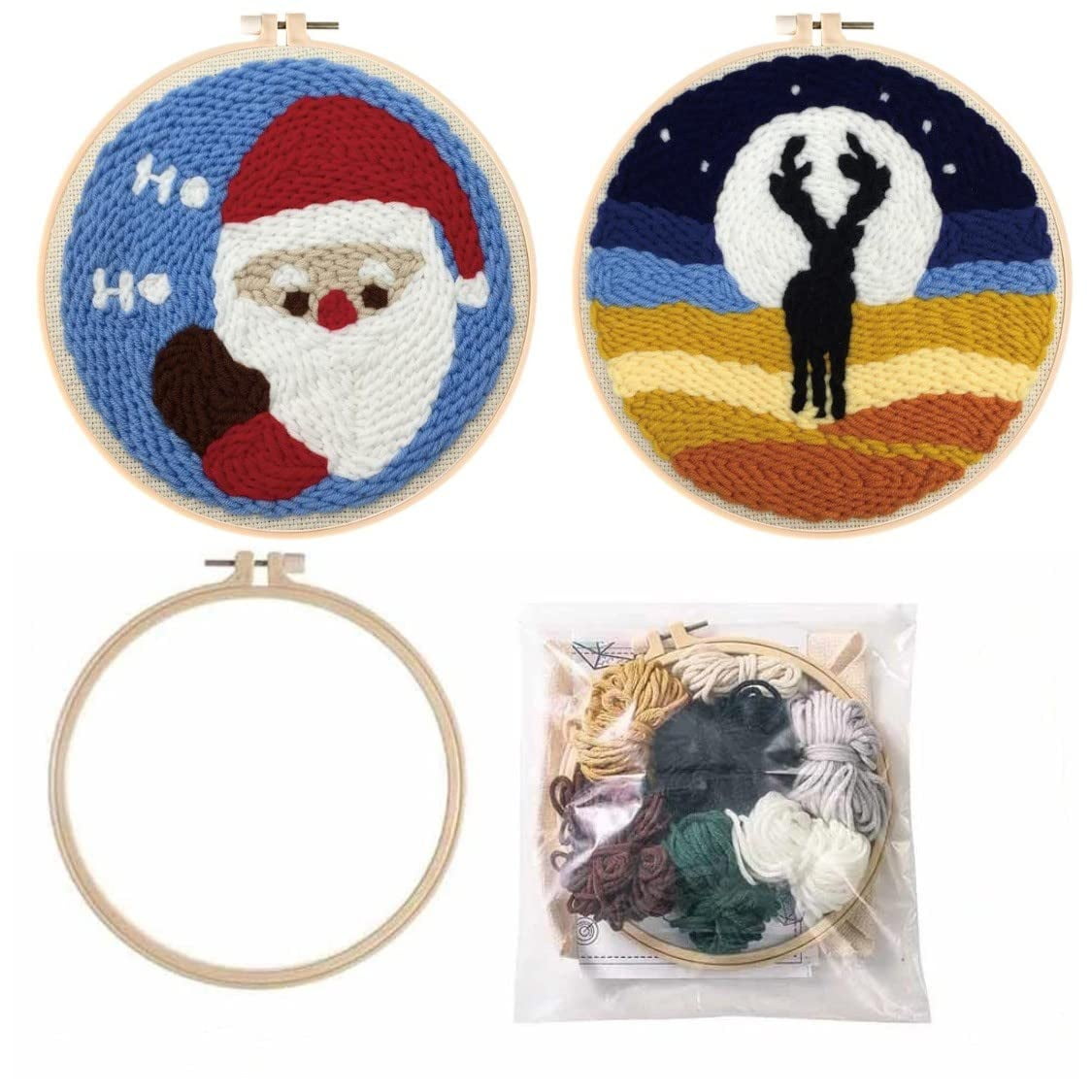 2 Pack Easy DIY Punch Needle Set Kits with Yarn Needle Wool for Starter Kits with Stamped Color Pattern with Instruction,Yarn and Embroidery Wooden Handle Needle Pen (Santa Claus & Deer)