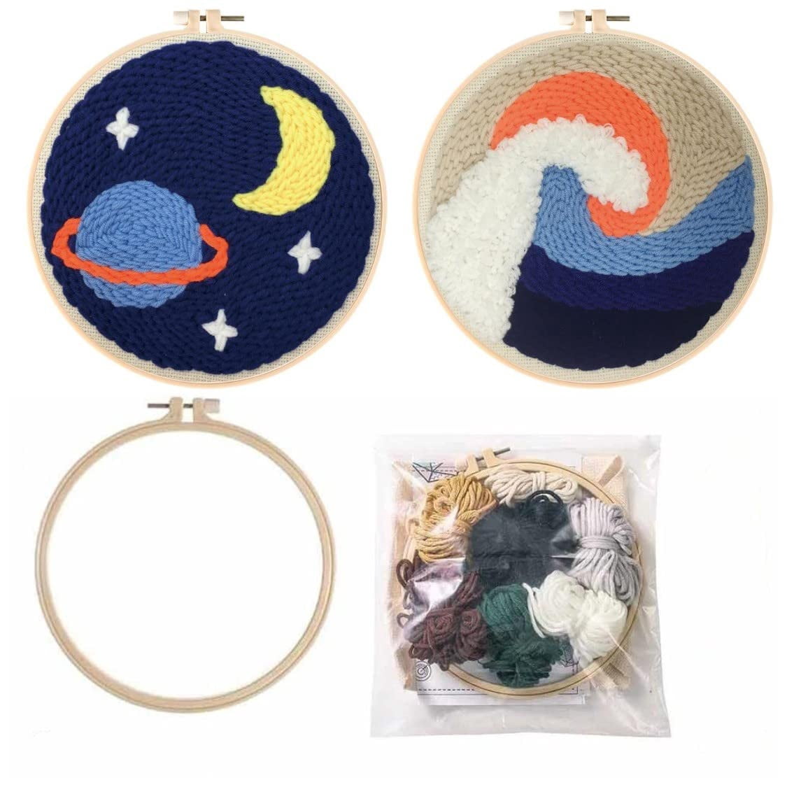 2 Pack Easy DIY Punch Needle Set Kits with Yarn Needle Wool for Starter Kits with Stamped Color Pattern with Instruction,Yarn and Embroidery Wooden Handle Needle Pen (Moon Universe)