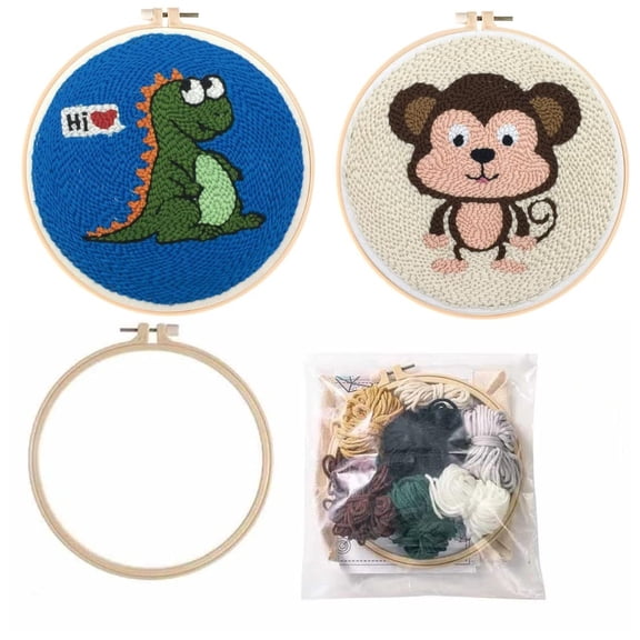 2 Pack Easy Smaller Size DIY Craft Punch Needle Embroidery Kits Rug for Hooking Beginner Kits with Stamped Color Pattern with Embroidery Pen,15cm Plastic Hoop (Dinosaur,Moneky)